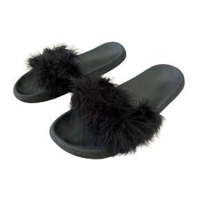 Black Feather Slides Beach Sandals Coastal Summer Lounge